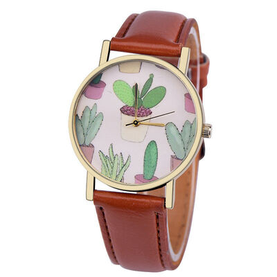 

Bussiness Kol Saati Cactus Potted Pattern Quartz Womens Watches Bayan Kol Saaty Fashion Romain Horloge Cadeau Simple Clock