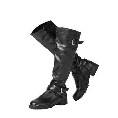 

Women Round Toe Mid Calf Boots Female Matte Leather Knight Boot Ms Buckle Square Low Heel Shoes Heeled Footwear