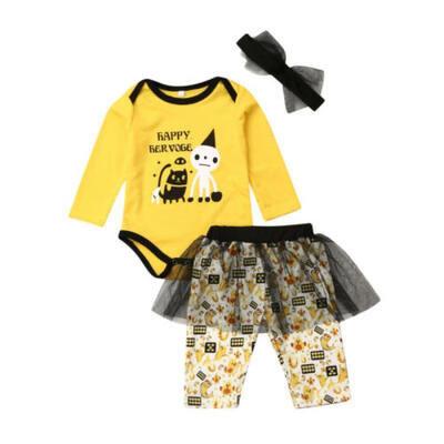 

Newborn Girl Happy Halloween Costume Romper Trousers Tutu Headband 3Pcs Outfits