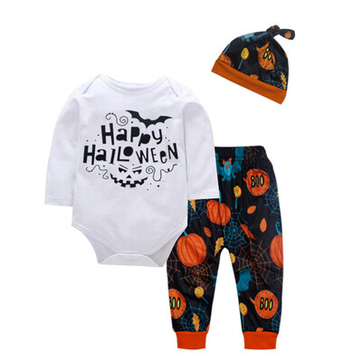 

Toddler Baby Boy Girl Pumpkin Print Top Blouse Pants Cap Halloween Outfits Set