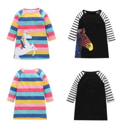 

Cotton Kids Baby Girls Dress Rainbow Unicorn Striped Long Sleeve Party Dresses