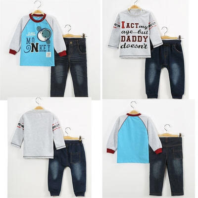 

Baby Boy Kid Denim Jeans Pants&Long Sleeve T-shirt Tops Blouse Set Outfit