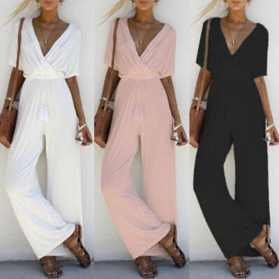 

Women Fashion Black V-neck Jumpsuit Sexy Sleeveless Slim Long Pants Romper Trousers Bandage Loose Evening Clubwear