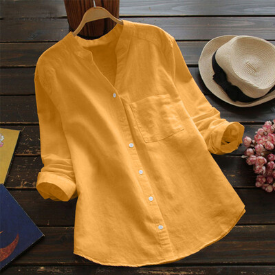 

Nomeni Women Cotton linen Casual Solid Long Sleeve Shirt Blouse Button Down Tops