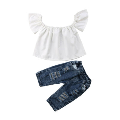 

Newborn Baby Girl Off-shoulder Tube TopsLong Pant Jeans Hole Denim Clothes