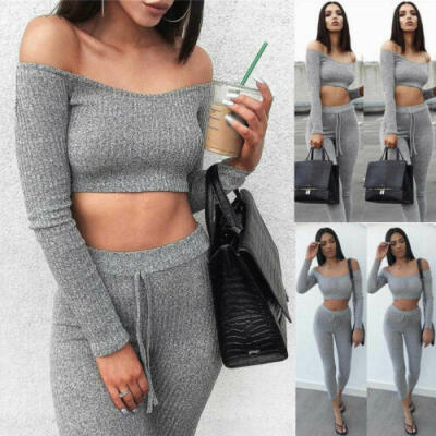 

Women 2 Piece Outfit Set Rompers Jumpsuit Knit Crop Tops Long Pants Set