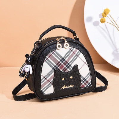 

New cute cat decorative check small round bag shoulder bag student Korean version ins wind children fun shoulder bag