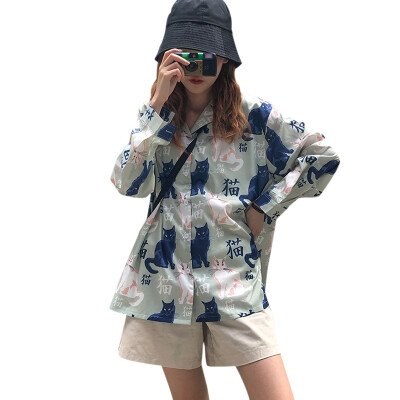 

Women Casual Cat Print Long-sleeved Shirt New Fashion Lapel Women Tops Korean Style Female Loose Blouses blusas mujer