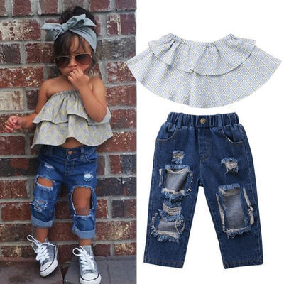 

Fashion Toddler Kids Girls Off Shoulder Tops Jeans Denim Pants Outfits Set