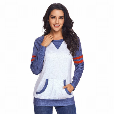 

Round neck long sleeve striped two pocket shirt casual straight jacket womens