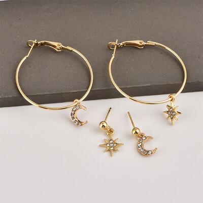 

Women Crystal Star Moon Dangle Drop Ear Cuff Clip Stud Earrings Set Jewelry