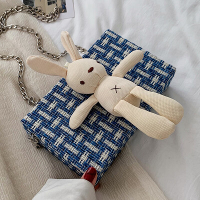 

Bag womens bag 2019 new personality lattice cloth cartoon bunny bag literary fan slanted box bag