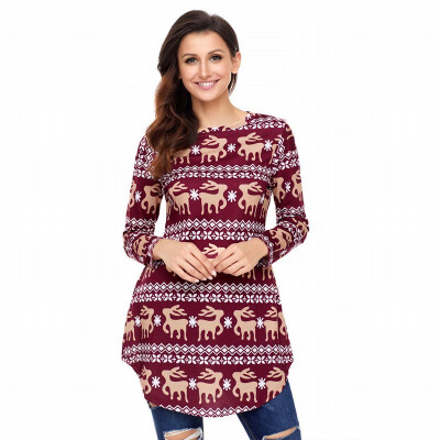 

Round neck long sleeve geometric snowflake reindeer side pocket casual shirt tops womens