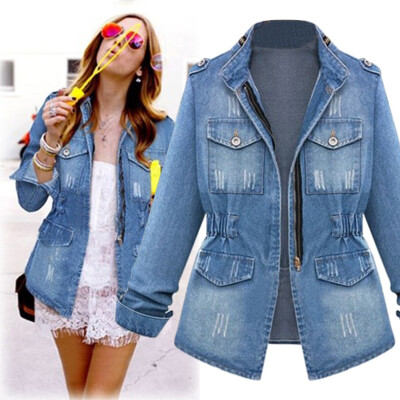 

Toponeto Plus Size Casual Womens Ladies Denim Oversize Jeans Chain Jacket pocket Coat