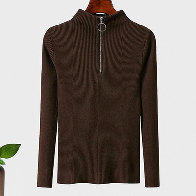 

Women Sweater Highly Stretchy Ribbed Solid Color Turtle Long Sleeve Zipper Bodycon Simple Cool Knitwear