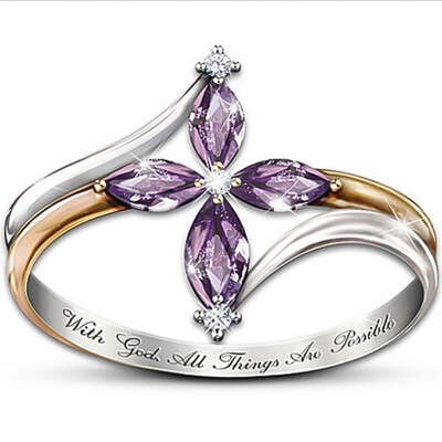 

"With God All Things Are Possible" Women Cross Amethyst Ring Jewelry