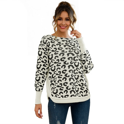 

Women Autumn Fashion Casual All-match Leopard Printed Loose Round Collar Sweater