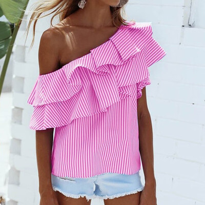 

Women Sweet Loose Off-The-Shoulder Backless Irregular Ruffled Striped Blouse Sexy Strapless Tops