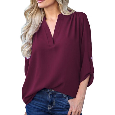 

Women Sexy V Collar Long Sleeve Cotton Solid Color Tights Loose Casual Slim Blouse