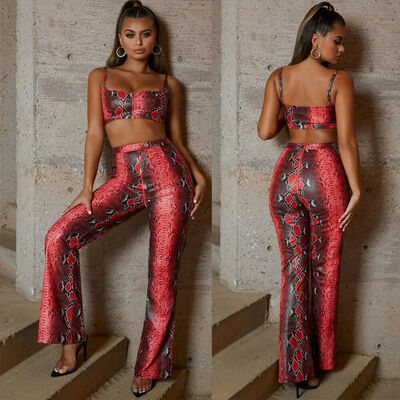 

Womens Ladies 2Pcs Snake Crop Tops Pants Co Ord Set Beach Party Suit Playsuit UK