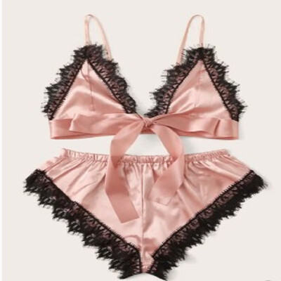 

Womens Sexy Lure Underwear Tops Shorts Set Strappy Lace Trims Bow Elastic Waist