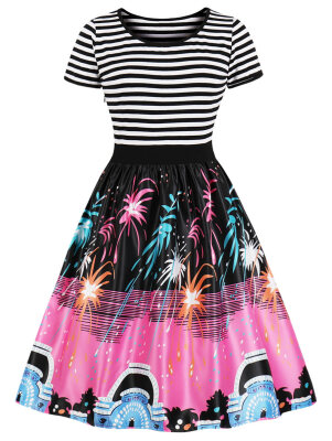 

Fireworks Print Striped Panel A Line Dress