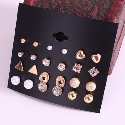 

Korea Style 12 Pairs Sets Round Square Ball Alloy Crystal Imitation Pearl Stud Earrings For Women Hot-selling Cute Stud Earring
