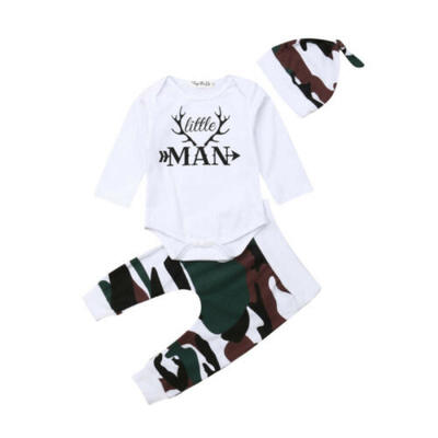 

US Newborn Baby Boys Cotton Warm Romper Camouflage Pants Hat 3PCS Outfit Clothes