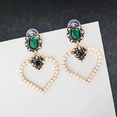 

Statement Green Stone Big Heart Earrings Women Fashion Simulated Pearl Vintage Earring Brincos Party Ear Jewelry Free Shipping