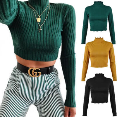 

Womens Turtleneck Stretch Crop TOPS Shirt Sweater jumper Knit Pullovers Blouse