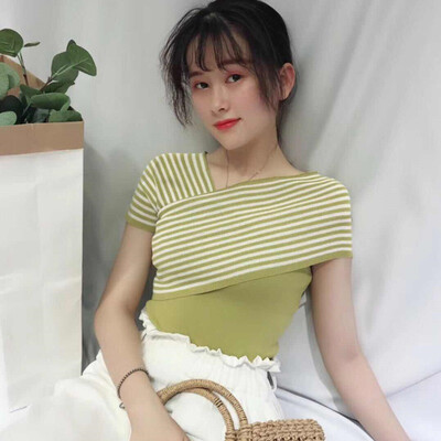 

Women Sexy Summer Harajuku Tshirt Short Sleeve Striped Print Knitted T-Shirt