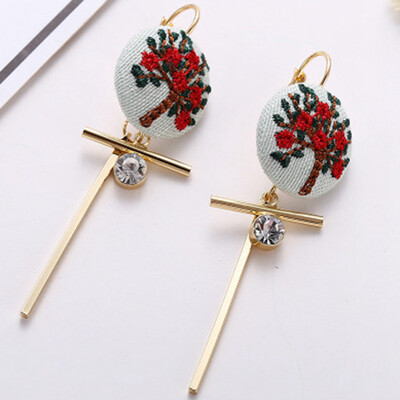

Women Embroidered Flower Cactus Cloth Ball Button Design Crystal Pendant Earring