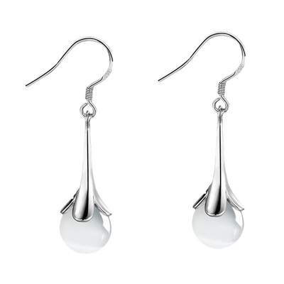 

Fashion Trumpet Flower Faux Moonstone Long Dangle Women Hook Earrings Jewelry