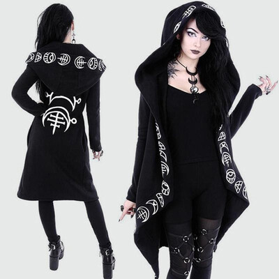 

Women Gothic Chic Hooded Sweatshirt Plus Size Cotton Loose Moon Plain Print Punk Hoodie Irregular Cardigan