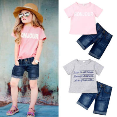 

UK Toddler Baby Girl Clothes Short Sleeve T-ShirtDenim Shorts 2PCS Outfit Set