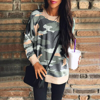 

Womens Fashion Camouflage Printed Tops Round Neck Long Sleeve Loose Sweatshirt