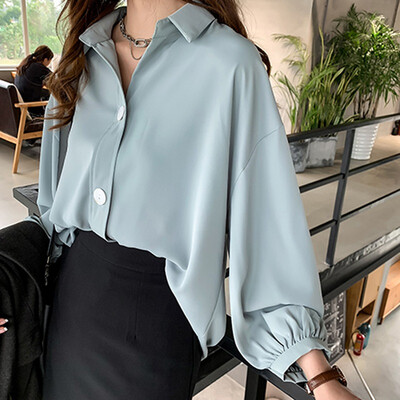 

Chiffon Turn Down Collar Blouse Women Solid Long Sleeve Loose Blouse OL Fashion blusas mujer de moda 2019 Korean Style plus size
