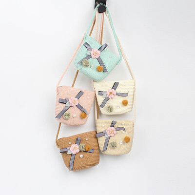 

Girls Hand Woven Bag Flower Bowknot Beads Handbag Rattan Straw Children Kids Bohemian Crossbody Bags Tote