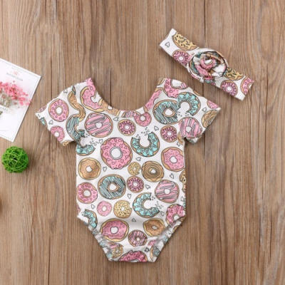 

Newborn Girl Cute Short Sleeve Print Donut Robe Turban Color