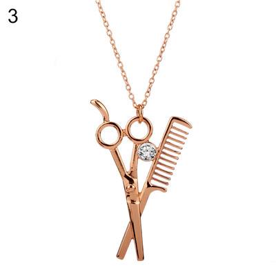 

Unisex Trendy Hair Stylist Rhinestone Inlaid Jewelry Scissor Comb Pendant Necklace