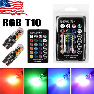 

2X RGB T10 Cob Led Remote Control Car Dome Reading Light Lamp Bulbs 168 192 194