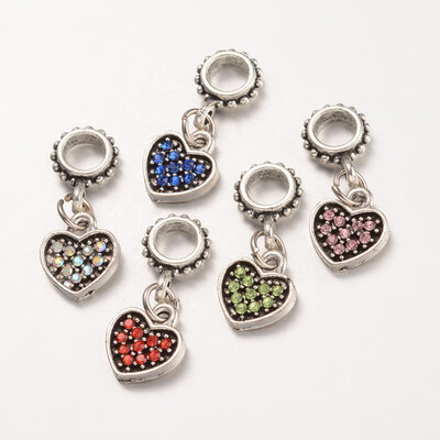 

Tibetan Style Alloy Rhinestones European Dangle Beads Heart Antique Silver Mixed Color 24mm Hole 45mm