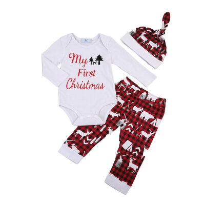 

Newborn Baby Boy Girls My First Christmas Romper Pants Hat Outfit Clothes Set