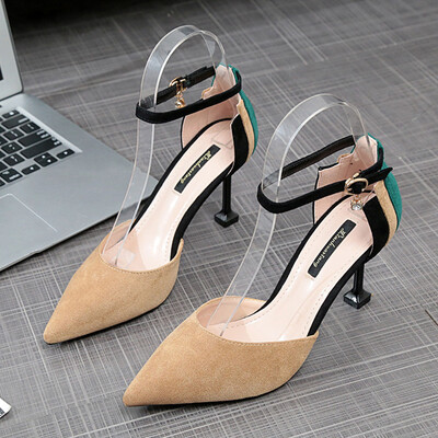 

Single - shoe women spring - summer tip fine heel hollow sandals a word button color small fresh cat heels