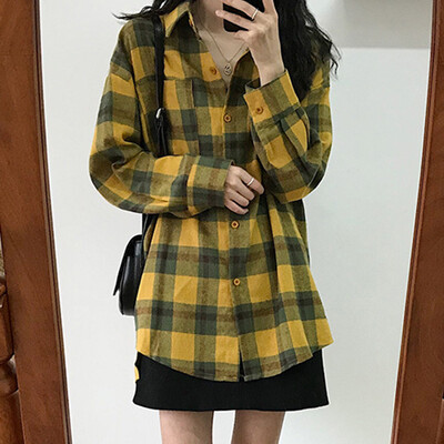 

JOY OF JOY Jingdong Womens 2019 Han Fan chic early spring loose sanding lattice lazy wind retro Hong Kong flavor shirt coat female tide JWCC191331 yellow S