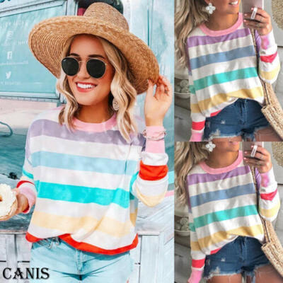 

Womens Casual Shirts Long Sleeve Tee Rainbow Striped Fashion T-Shirts Tops