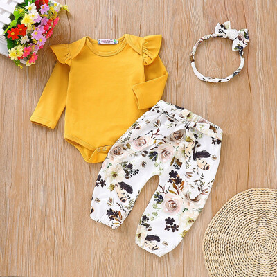 

Princess girl clothes set fly sleeve romper floral pants headband clothes autumn wear 0-18m