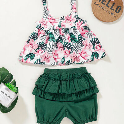 

Toddler Kids Baby Girls Flower Sling Tops Short Pants 2PCS Outfit Clothes Summer