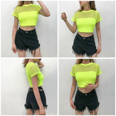 

Women Girls Clubwear Mesh Fishnet Hollow Crop Top Short Sleeve Vest Tank Blouse