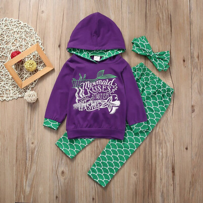 

Boutique Mermaid Kids Girls Hooded Tops Pants Outfits 3Pcs Set Clothes 2-6T